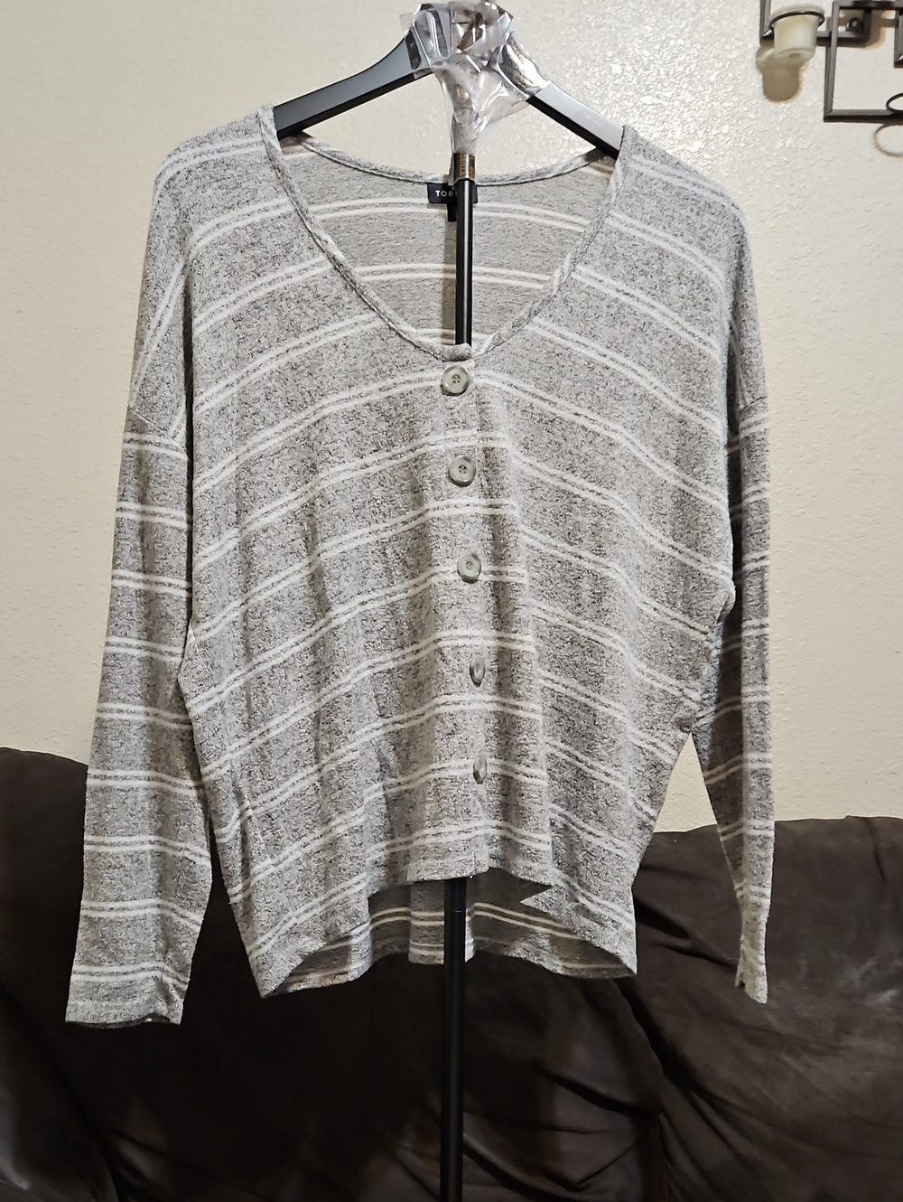 torrid Light Gray & White Striped Button-Front V-Neck Knit Top